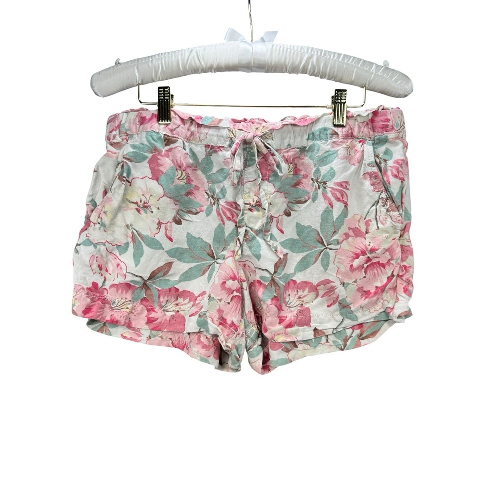 LOFT Linen Blend Floral Drawstring Shorts Womens Medium Pink Pockets Summer